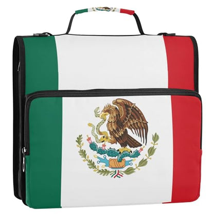 Fisyme Mexico Flag Zipper Binder 3 Ring with Zipper and Shoulder Strap Large Capacity Multi-Pocket Binder Organizer - color: Multi-green White Red