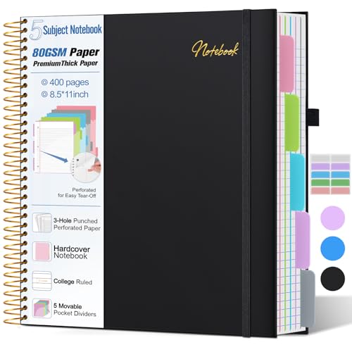 5 Subject Notebook College Ruled,80GSM Paper Thick Hardcover Spiral Notebook Lined Journal with Removable Dividers Tabs,400pages 8.5"x11" Paper Large Notebooks for School Work,3-Hole Punched, Black - color: Black