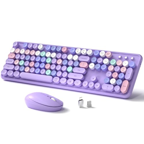 Links9+ Wireless Keyboard and Mouse, Full-Size Retro Typewriter Keyboard with Round Keycaps, 2.4GHz for Windows, Mac, Laptop, PC, Desktop (Purple Colorful) - color: Purple Colorful