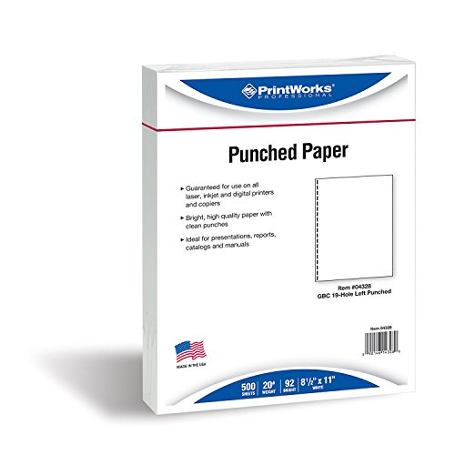 PrintWorks Professional Prepunched Paper, 8.5 x 11, 20 lb, GBC CombBind 19-Hole Punched Report & Presentation Paper, 500 Sheets, White (04328) - size: 20 lb, style: GBC, 19-Hole