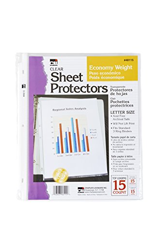 Charles Leonard Sheet Protectors, Top Loading with Binder Holes, 2 Mils Economy Weight, Letter Size, Clear, 15-Pack (48115)