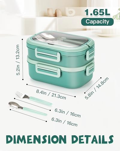 Lille Home Stackable Lunch Box, 2 Tier Stainless Steel Bento Lunch Box, 56oz Large Capacity Leakproof Lunch Containers, 4-Compartment Lunch Box with Utensils for Meal Prep, Work, Picnic(Green) - color: 2 Tier-Green