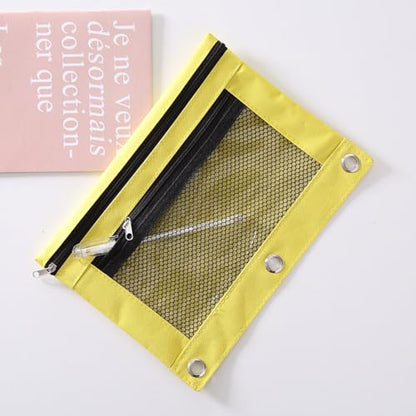 Pencil Pouch for 3 Ring Binder - 3 Hole Zipper Pen Case Bag Holder Bulk Accessories Clear Window Aesthetic Organizer Pockets - color: Yellow