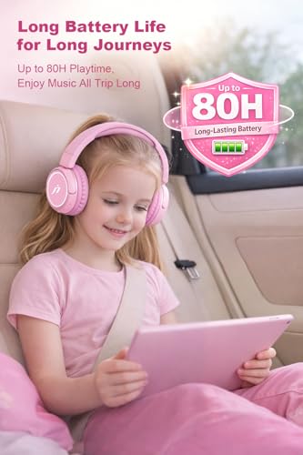 B2 Kids Bluetooth Headphones, 85/94dB Safe Volume Limited, 80H Playtime,Bluetooth 5.2, USB C, Kids Headphones Wireless for Travel Pad Tablet (Light Pink) - color: Light Pink