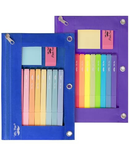 Mr. Pen- Pencil Pouch for 3 Ring Binder, 2 Pack, 10"x6.75", Smooth Zipper | Clear Window, Large Capacity Pencil Case with 3 Reinforced Grommets for School, Office, Supplies Storage | Clear Window, Large Capacity Pencil Case with 3 Reinforced Grommets for