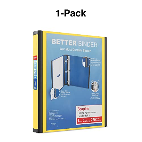 Staples Better View 1-Inch D-Ring Binder, Yellow – Durable 3-Ring Binder with Clear Overlay for School & Office - color: Yellow, size: 1-Inch, style: 1 Pack