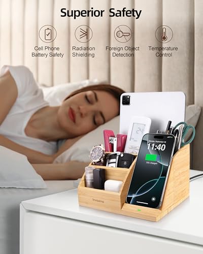 Bamboo Pen Holder with Wireless Charger, Desk Organizer with 5 Compartments for Home Office Supplies Compatible with iPhone & Samsung Series - color: Natural