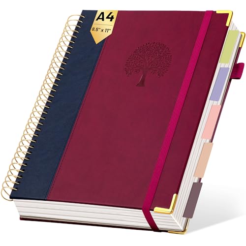 Yoment Hardcover Spiral Notebook 8.5" x 11" Leather 5 Subject Notebook College Ruled with Dividers Tabs 300 Pages Large Spiral Journal Notebooks for Work School Note-Taking Business, Burgundy - color: Burgundy
