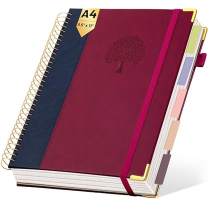 Yoment Hardcover Spiral Notebook 8.5" x 11" Leather 5 Subject Notebook College Ruled with Dividers Tabs 300 Pages Large Spiral Journal Notebooks for Work School Note-Taking Business, Burgundy - color: Burgundy