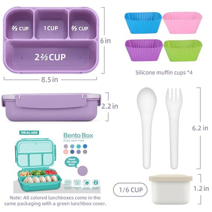 QQKO Bento Box Adult Lunch Box, Lunch Containers for Adults Men Women, Kids Lunch Boxes for School with 4 Compartments, Sauce Container, Utensils and Muffin Cups, Purple - color: Lavender