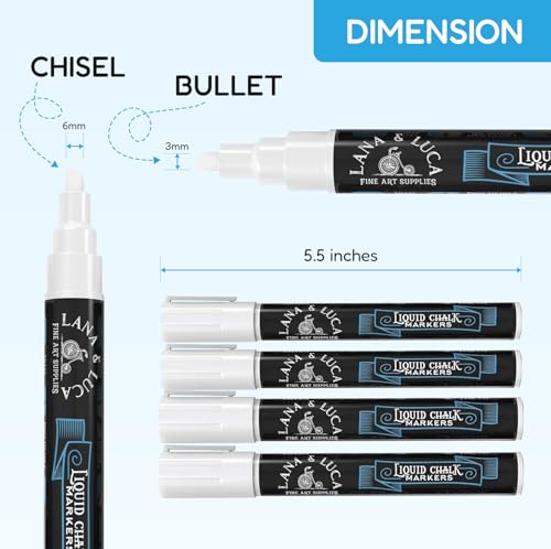 LANA & LUCA Liquid Chalk Marker Pen - White Dry Erase Marker - Chalkboard Markers for Signs, Windows, Blackboard, Glass - Reversible Tip (6mm, 10 Pack) - size: 10 Count (Pack of 1)