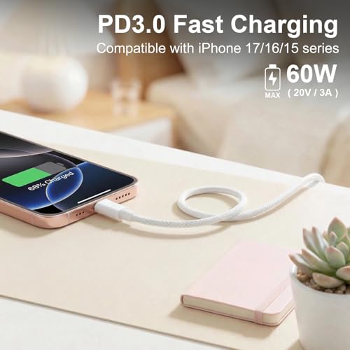 USB C to C Charger Cable, 60W, 3FT, 2-Pack, Gray | Fast Charging, Braided Nylon, for iPhone 17/16/15, MacBook iPad, Galaxy S25/S24 - color: Gray, size: 3FT+3FT