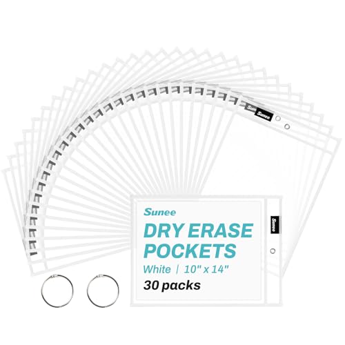 SUNEE 30 Packs Oversized Reusable Dry Erase Pocket Sleeves with 2 Rings, White 10x14 Ticket Holders, Clear Plastic Sheet Protectors, Teacher School Classroom Supplies - color: White, style: 30 Pack