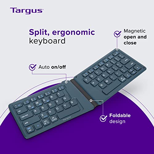 Targus Ergonomic Foldable Bluetooth Keyboard – Pocket-Sized, Split Ergonomic Design, Multi-Device Wireless Keyboard with DefenseGuard Protection - PKF00302US - color: Blue