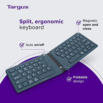 Targus Ergonomic Foldable Bluetooth Keyboard – Pocket-Sized, Split Ergonomic Design, Multi-Device Wireless Keyboard with DefenseGuard Protection - PKF00302US - color: Blue