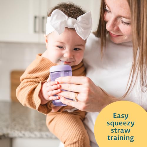 The First Years Squeeze & Sip Toddler Straw Cups - Squeezable Transition Sippy Cup with Silicone Straw - Toddler Feeding Supplies - Pink/Purple/Blue - 7 Oz - 3 Count - Ages 6 Months and Up - color: Pink/Purple/Blue