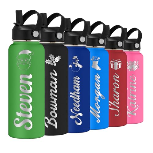 Personalized Water Bottle with Straw Lid for School,Custom Engraved Insulated Stainless Steel Sports Water Bottle with Name for Girls Boys Women Men(24oz/32oz/40oz,12 Colors) - color: Green, style: Christmas