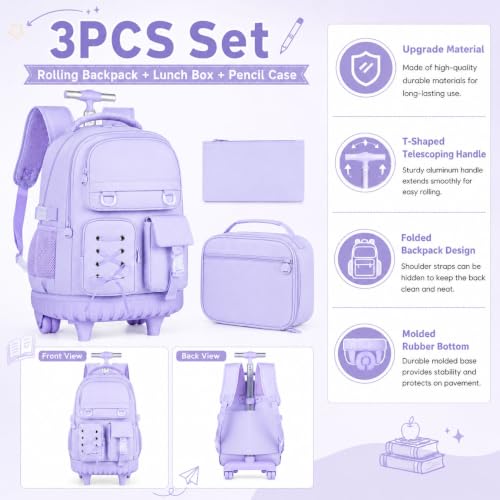 KLFVB Girls Rolling Backpack, 3PCS Wheeled Bookbag with Lunch Bag for Kids, Roller School Bag for Teen - Purple Ribbon Bow - color: Purple Ribbon Bow Rolling Backpack