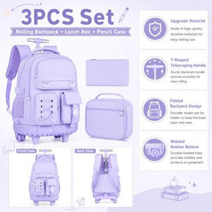 KLFVB Girls Rolling Backpack, 3PCS Wheeled Bookbag with Lunch Bag for Kids, Roller School Bag for Teen - Purple Ribbon Bow - color: Purple Ribbon Bow Rolling Backpack