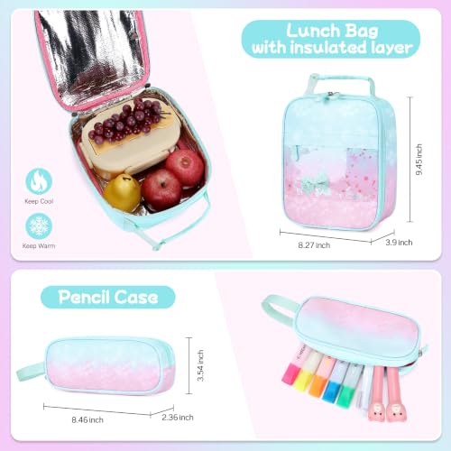 Jafeton Backpacks for Girls, Girls Backpack with Insulated Lunch Bag and Pencil Case for Kids Teens Elementary Middle High School Student, Cute Bow School Bag Travel Daypacks Book Bag Set - color: Pink Green