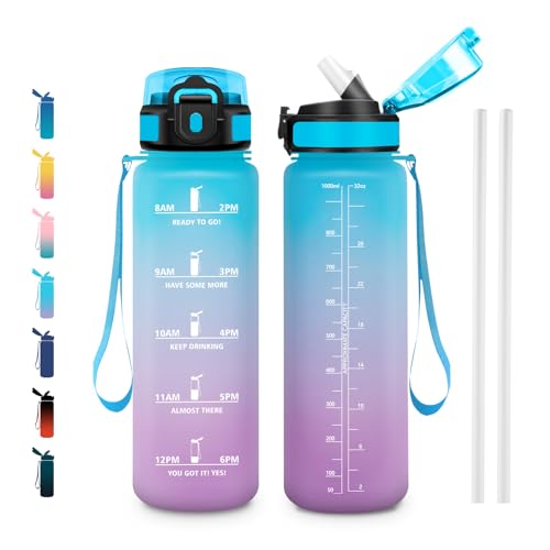 Drinking Bottle 1 Litre, Leak-Proof Sports Bottle with Straw & Time Marking for Outdoor, Fitness, School, Office, Bicycle - color: Blue + Purple, size: 33.8 Ounces