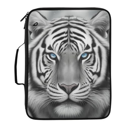 Heavy-Duty 3-Hole Ring System Binder Bag with 7-Compartment Document Sorter and 5 Elastic Pen Slots for Academic Lecture Halls Black White Tiger
