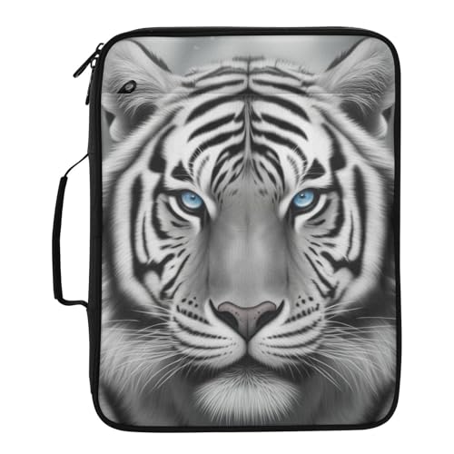 Heavy-Duty 3-Hole Ring System Binder Bag with 7-Compartment Document Sorter and 5 Elastic Pen Slots for Academic Lecture Halls Black White Tiger