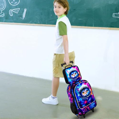 gxtvo Kids Rolling Backpack for Girls, Roller Wheeled Bookbag - Wheeled Elementary School Bag - 3PCS Cat - color: Space Cat Rolling Set