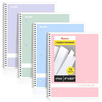 SUNEE Spiral Notebooks College Ruled, 1-Subject, 4 Pack, 8 x 10-1/2 in, 70 Sheets, 3-Hole Punched 70gsm Paper, Pastel Pink, Purple, Blue, Green for School, Home & Office, Writing Journal - color: Multicolor