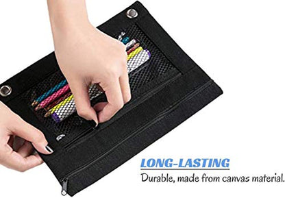 3 Ring Binder Pencil Pouchs, Zippered Pencil Pouch Double Pocket Pencil Pouch 3 Ring with Clear Mesh Window (Black 2pack) - color: Black,2 Layer