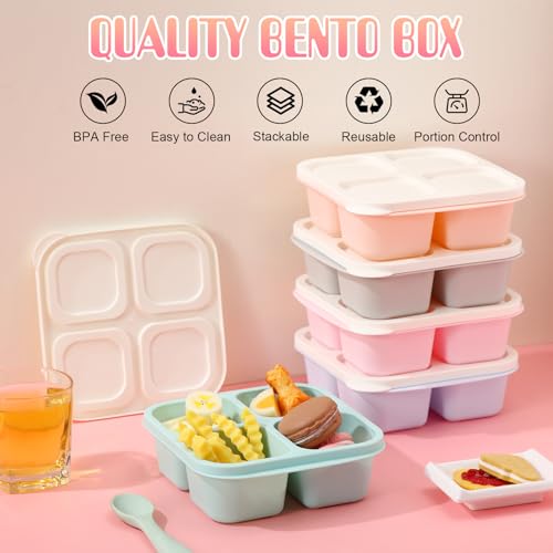 Honeydak 5 Pack Snack Containers 4 Compartment Bento Snack Boxes Reusable Lunchable Containers with Lids Divided Meal Prep Lunch Food Storage Box for School Work Travel(Macaroon,Equal) - color: Macaroon, style: Equal