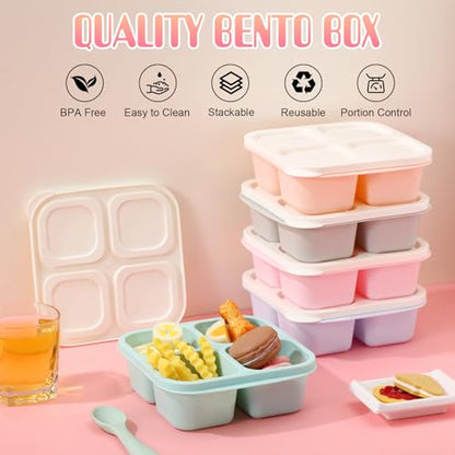 Honeydak 5 Pack Snack Containers 4 Compartment Bento Snack Boxes Reusable Lunchable Containers with Lids Divided Meal Prep Lunch Food Storage Box for School Work Travel(Macaroon,Equal) - color: Macaroon, style: Equal