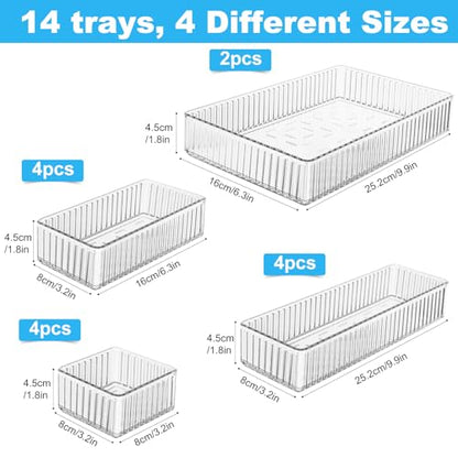 HOTOOLME 14PCS Clear Drawer Organizers Bins, 4 Size Clear Makeup Drawer Organizer, Stackable Vanity Drawer Organiser Trays, Bathroom Drawer Storage for Cosmetics, Office Supply - style: 14 Pack