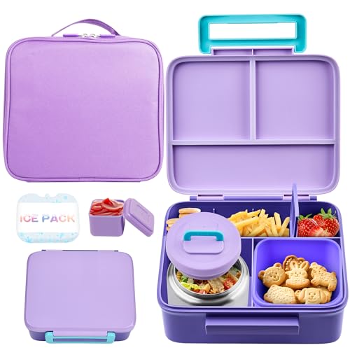 Bento Lunch Box for Kids with Thermo, Leakproof Bento Box with 8oz Insulated Food Jar, Lunch Bag, BPA Free Dishwasher Safe 4 Compartment Container for School Girls Boys (Purple) - color: Purple1