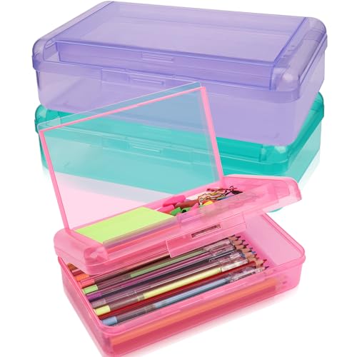 SFLHHDM Large Pencil Box, Double Layer Capacity Pencil Holders, Hard Pen Case with Snap-tight Lid, Plastic Pencils Case for Office School, Pen Boxes Storage Organizer (Green+Purple+Pink-3Pcs) - color: Green+Purple+Pink-3Pcs