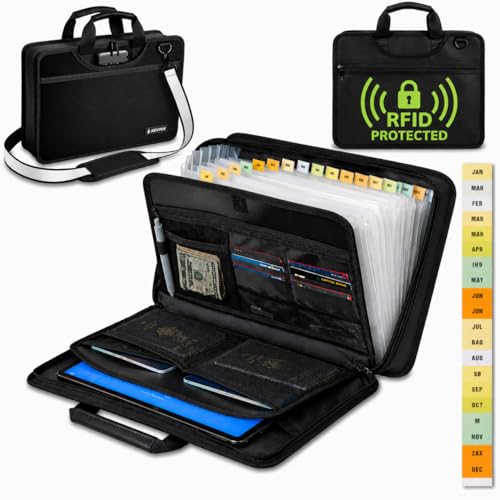 Accordion File Organizer Fireproof, Water-Resistant Document Bag-13 Pocket File Folder-RFID Pocket,Labels,Combination Lock,Reflective Shoulder Strap-Important Document Folder-Home,Office,Travel