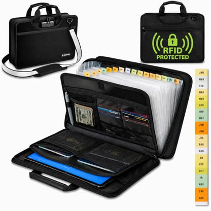 Accordion File Organizer Fireproof, Water-Resistant Document Bag-13 Pocket File Folder-RFID Pocket,Labels,Combination Lock,Reflective Shoulder Strap-Important Document Folder-Home,Office,Travel