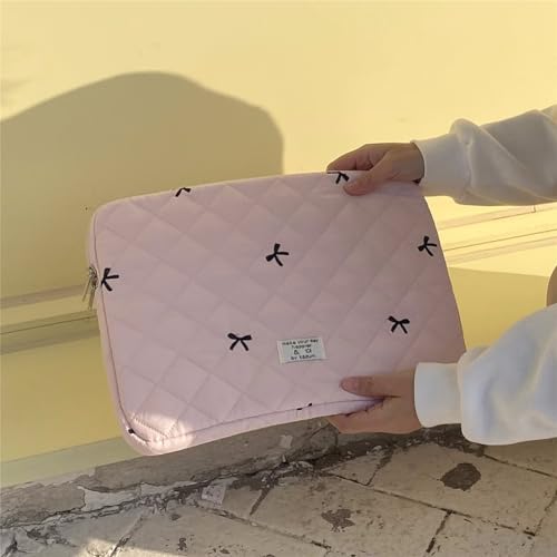 Cute Puffy Laptop Sleeve 13 Inch, Quilted Protective Case with Bow Embroidery, Coquette Y2K Preppy Kawaii Aesthetic Bag for 13” 14" Mac-Book & Laptops - color: Light Pink-Bow