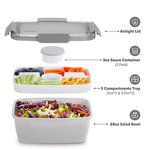 Caperci Large Salad Container for Lunch - Better Adult Bento Lunch Box 68 oz, 5-Compartment Tray, 2pcs 3-oz Sauce Cups, Stackable, BPA-Free (Gray) - color: Gray
