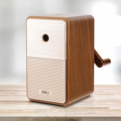 Deli Manual Pencil Sharpener - Auto-in Hand Crank with Adjustable Point for Colored Pencils, Kids, Students, Classroom, Home and Office, Brown - color: A-brown
