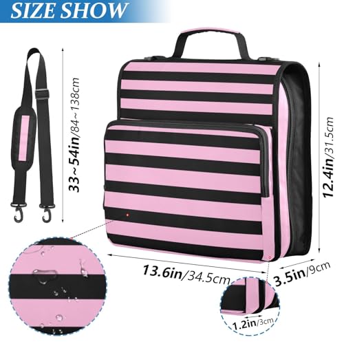 Black and Pink Stripes Zipper Binder with Shoulder Strap Bag 3 Ring Binder Organizer Large Capacity Multiple Compartments for School Office
