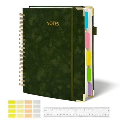 biguphate 1Pack Hardcover Spiral Notebook with Tab, Ruler & Removable Dividers, 300 Pages 8"x10" Large B5 Faux Leather Notebooks, 5 Subject Notebook College Ruled for Work, Home (Green) - color: 1PACK-Green