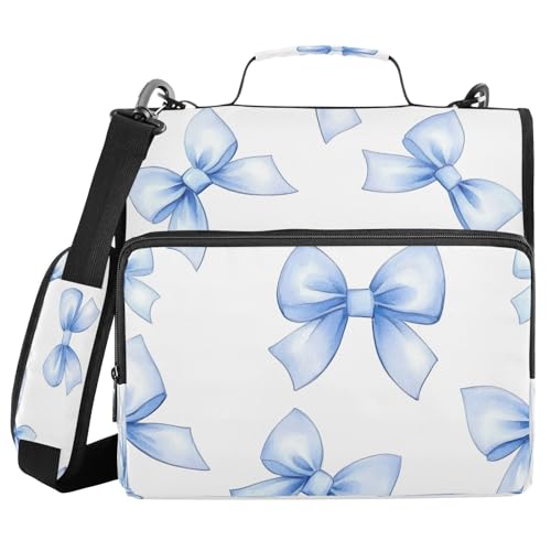 Blue Bow Zipper Binder 3 Ring with Shoulder Strap and Handle Multiple Pockets Expanding File Folder Organizer