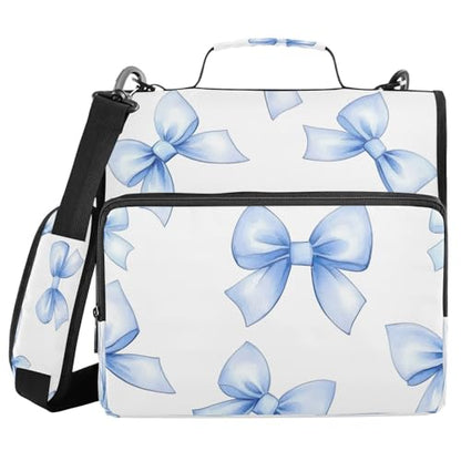 Blue Bow Zipper Binder 3 Ring with Shoulder Strap and Handle Multiple Pockets Expanding File Folder Organizer
