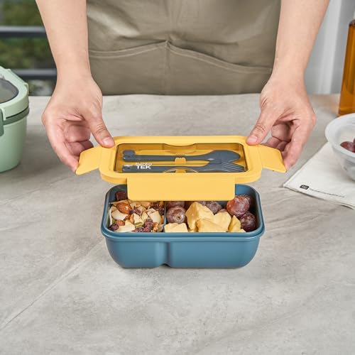 Restaurantware-Bento Tek 28.7 Ounce Bento Boxes, 10 Reusable Lunch Containers - With Fork And Spoon, Does Not Contain BPA, Blue And Yellow Plastic Reusable Lunch Boxes, Microwavable, Dishwashable - size: 10 Count, style: 29 oz - Blue