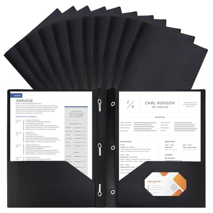 AHANDMAKER 12 Pack Plastic Folders with Pockets and Prongs, Durable 2 Pocket Project File Folders with 3 Prong Fasteners for Letter Size Papers Home School Office Business Use, Black - color: Black