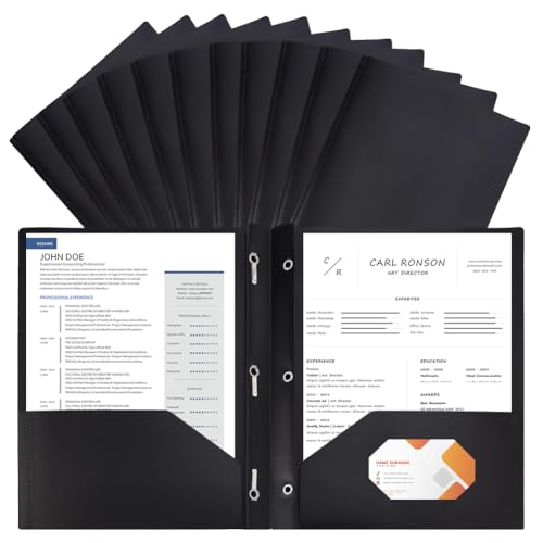 AHANDMAKER 12 Pack Plastic Folders with Pockets and Prongs, Durable 2 Pocket Project File Folders with 3 Prong Fasteners for Letter Size Papers Home School Office Business Use, Black - color: Black