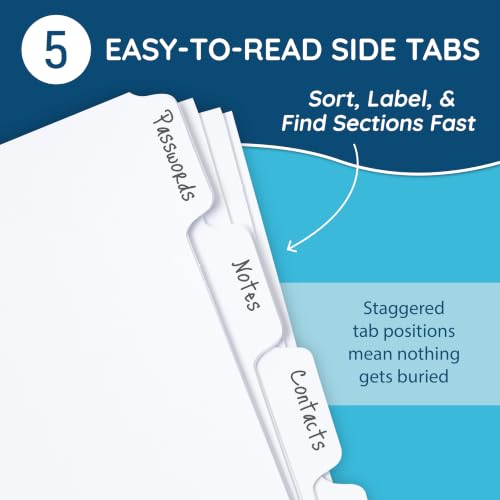 Blue Summit Supplies 5 Tab Mini Tab Dividers, White, 5 Mini Binder Dividers with 3 Hole Punch, for Notebooks and 3 Ring Binders, 5.5 x 8.5 Inches, Heavy Duty Paper, Set of 6, 30 Dividers