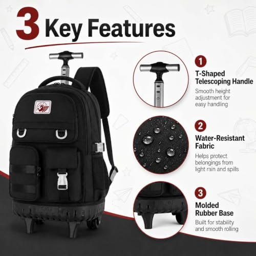 CCJPX Rolling Backpack for Girls Women, 21 inch Roller Wheels School Bookbag, Wheeled Suitcase Backpacks with Lunch Bag for Teen - Black - color: Black