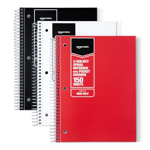 Amazon Basics Wide Ruled 3-Subject Spiral Notebooks with Pocket Dividers, 150 Sheets, 10.5" x 8", Assorted Primary Colors, 3-Pack - color: Assorted Primary Colors, style: Wide Ruled 450 Sheets